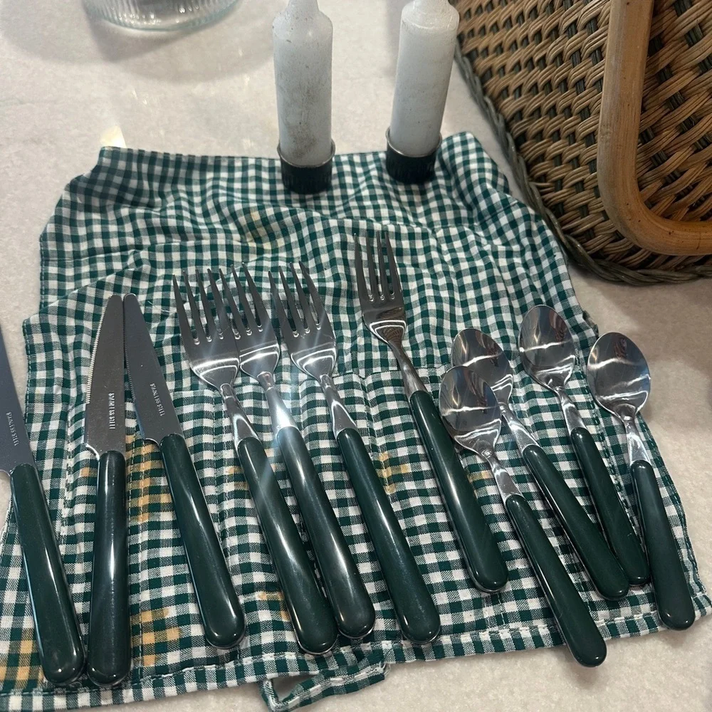 Vintage Wicker Picnic Basket with Green Checkered Accessories. Cottagecore